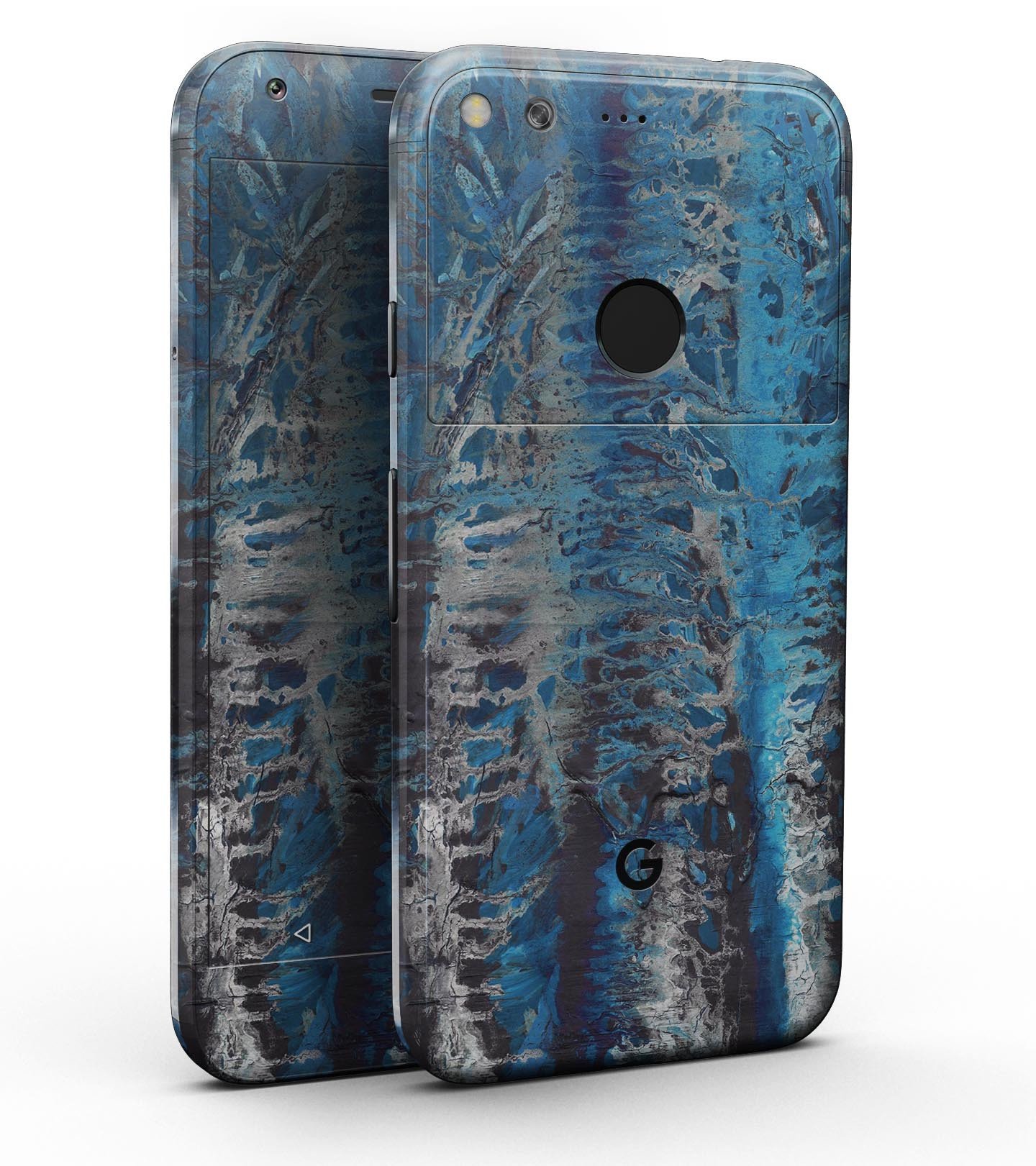 Abstract Wet Paint Blues v8 Full-Body Skin Kit for Google 5" Pixel, showcasing its sleek design and finish options.